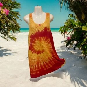 Beach cabana, beach, cover-up, yellow orange, pink crocheted look size L…